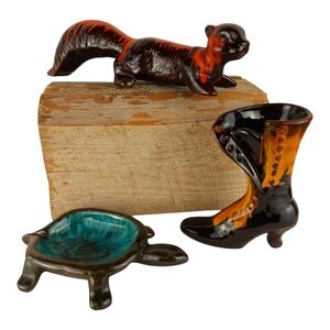 Vintage Evangeline Pottery drip glaze collectible turtle squirrel boot